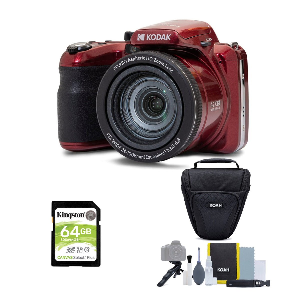 Kodak PIXPRO AZ425 Astro Zoom 20MP Camera with 42x Zoom (Red) with Accessory kit