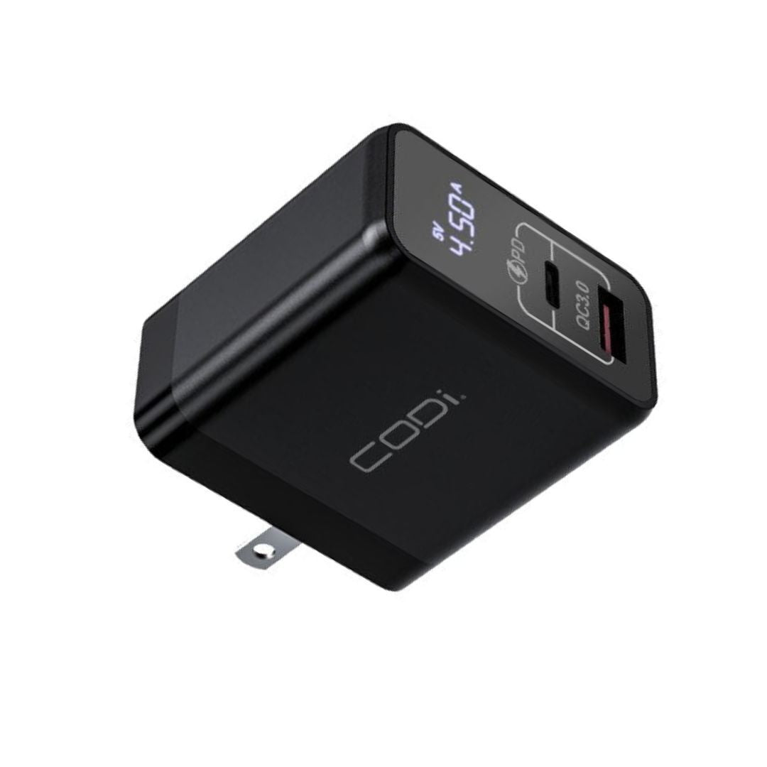 CODi 30W Dual Port Wall Charger with USB-C and USB-A Quick Charge 3.0 Outputs (Black)