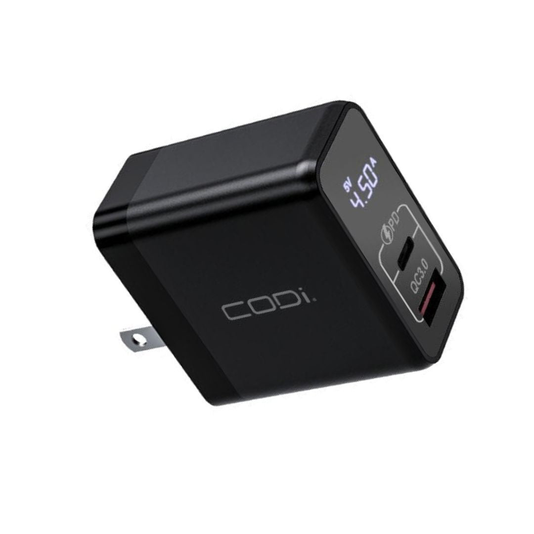 CODi 30W Dual Port Wall Charger with USB-C and USB-A Quick Charge 3.0 Outputs (Black)