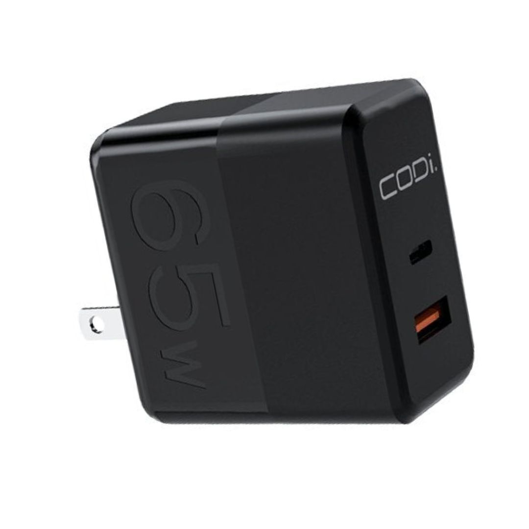 CODi 65W GaN Dual Port Wall Charger with USB-C and USB-A Quick Charge 3.0 Outputs (Black)