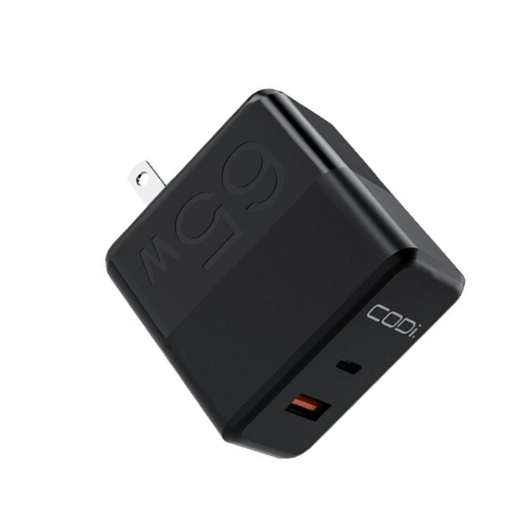 CODi 65W GaN Dual Port Wall Charger with USB-C and USB-A Quick Charge 3.0 Outputs (Black)