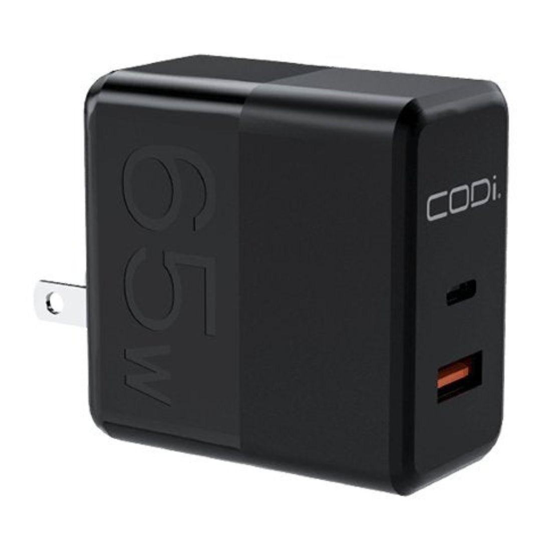 CODi 65W GaN Dual Port Wall Charger with USB-C and USB-A Quick Charge 3.0 Outputs (Black)