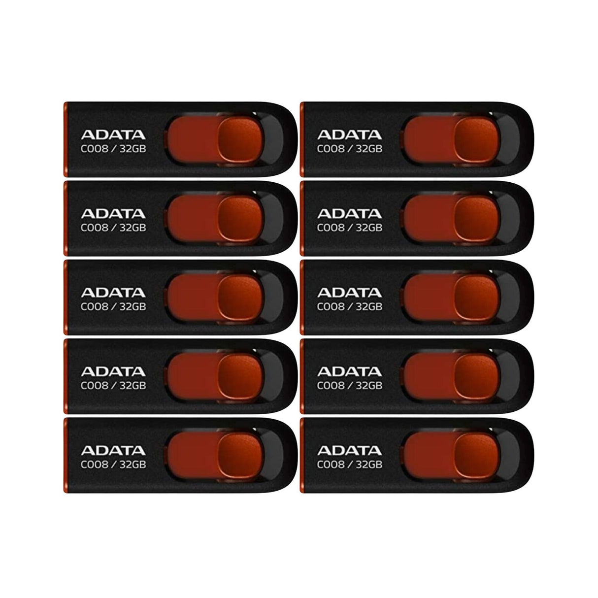 Adata C008 32GB USB 2.0 Retractable Flash Drive (Red) with USB 3.0 to USB-C Adapter (10-Pack)