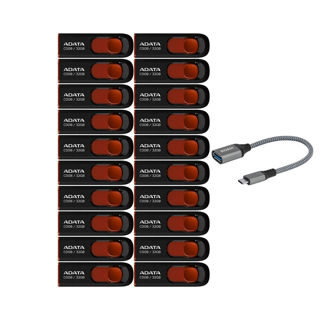 Adata C008 32GB USB 2.0 Retractable Flash Drive (Red) with USB 3.0 to USB-C Adapter (20-Pack)