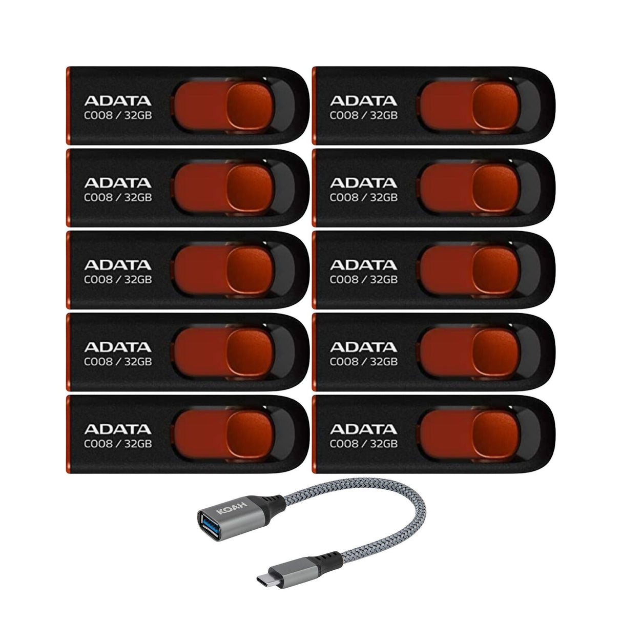 Adata C008 32GB USB 2.0 Retractable Flash Drive (Red) with USB 3.0 to USB-C Adapter (10-Pack)