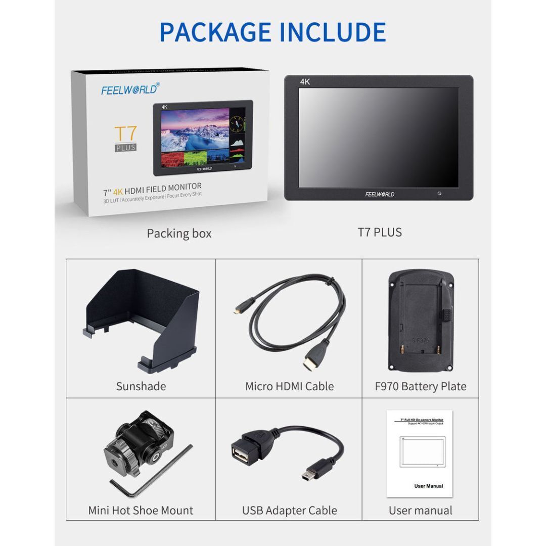 FeelWorld T7 Plus 7-Inch DSLR Camera Field Monitor with 3D LUT and 160-Degree Wide Viewing Angle