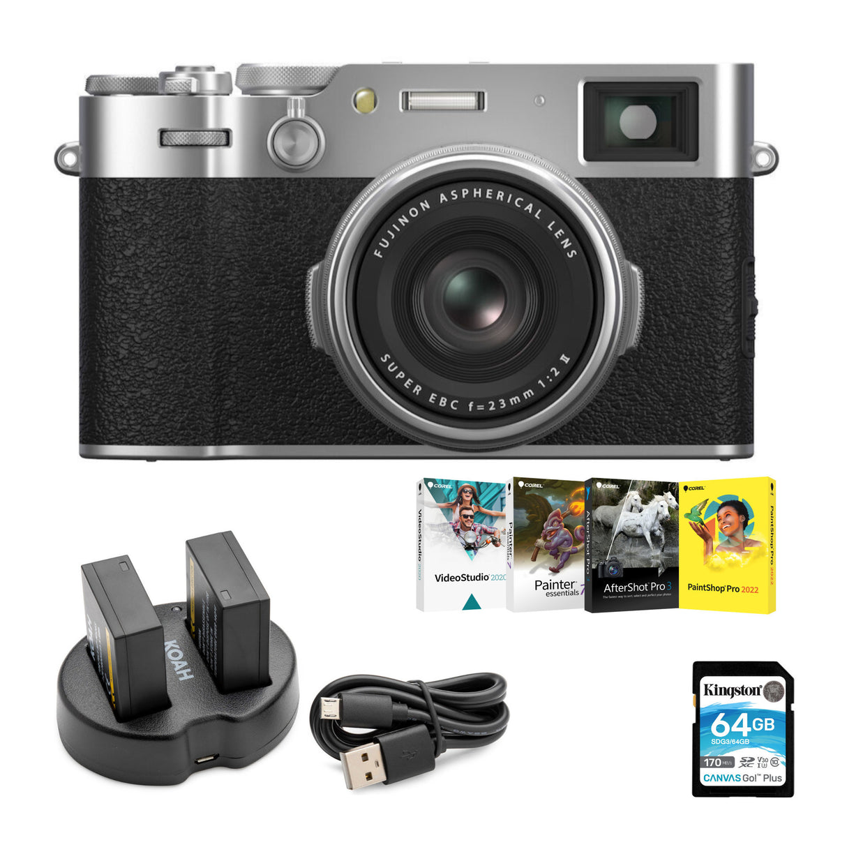 Fujifilm x100VI Digital Camera (Silver) with Editing Software, (2) Battery, Charger and 64GB SDXC