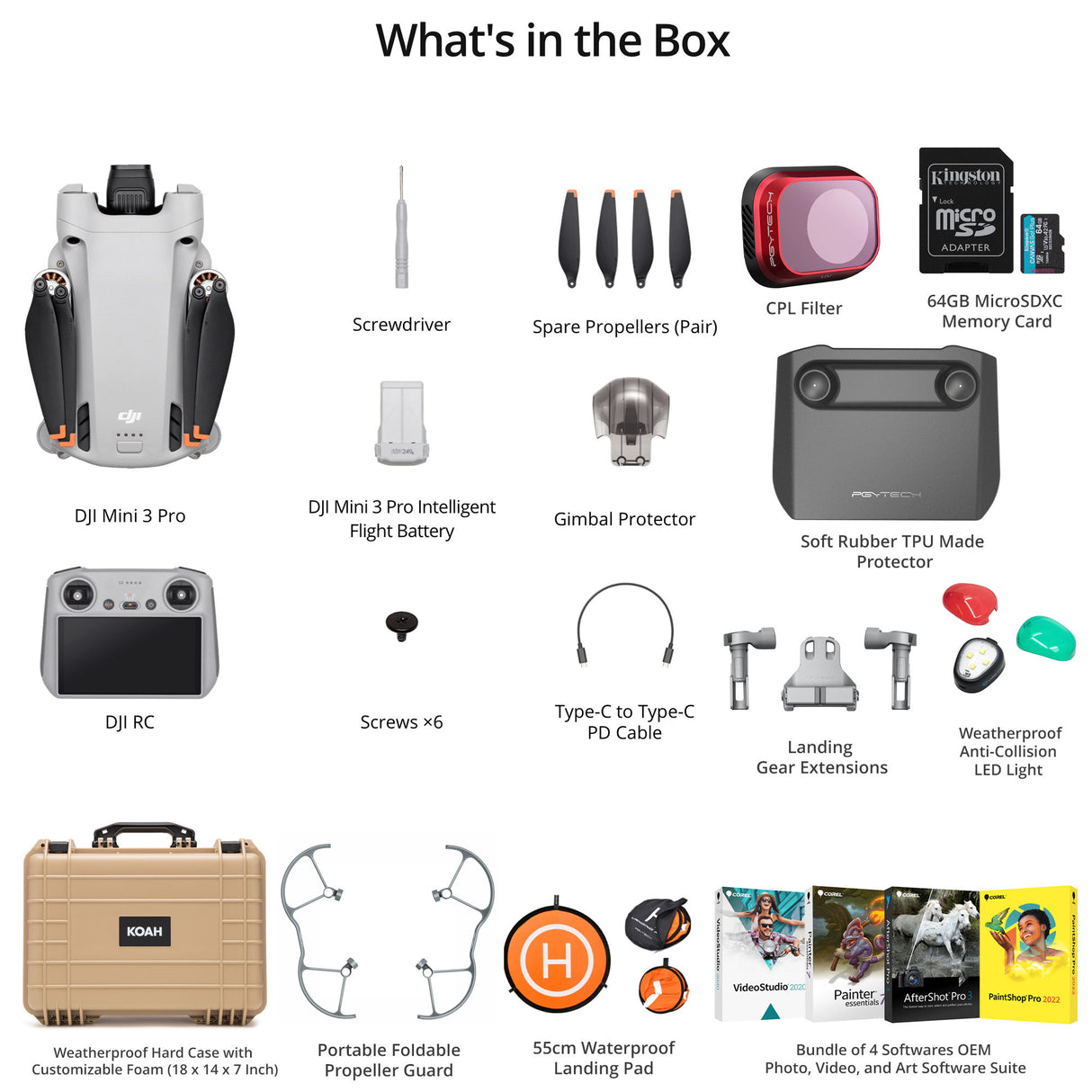 DJI Mini 3 Pro Drone Complete Kit with 64GB MicroSDXC Card, Weatherproof Case and Drone Accessories