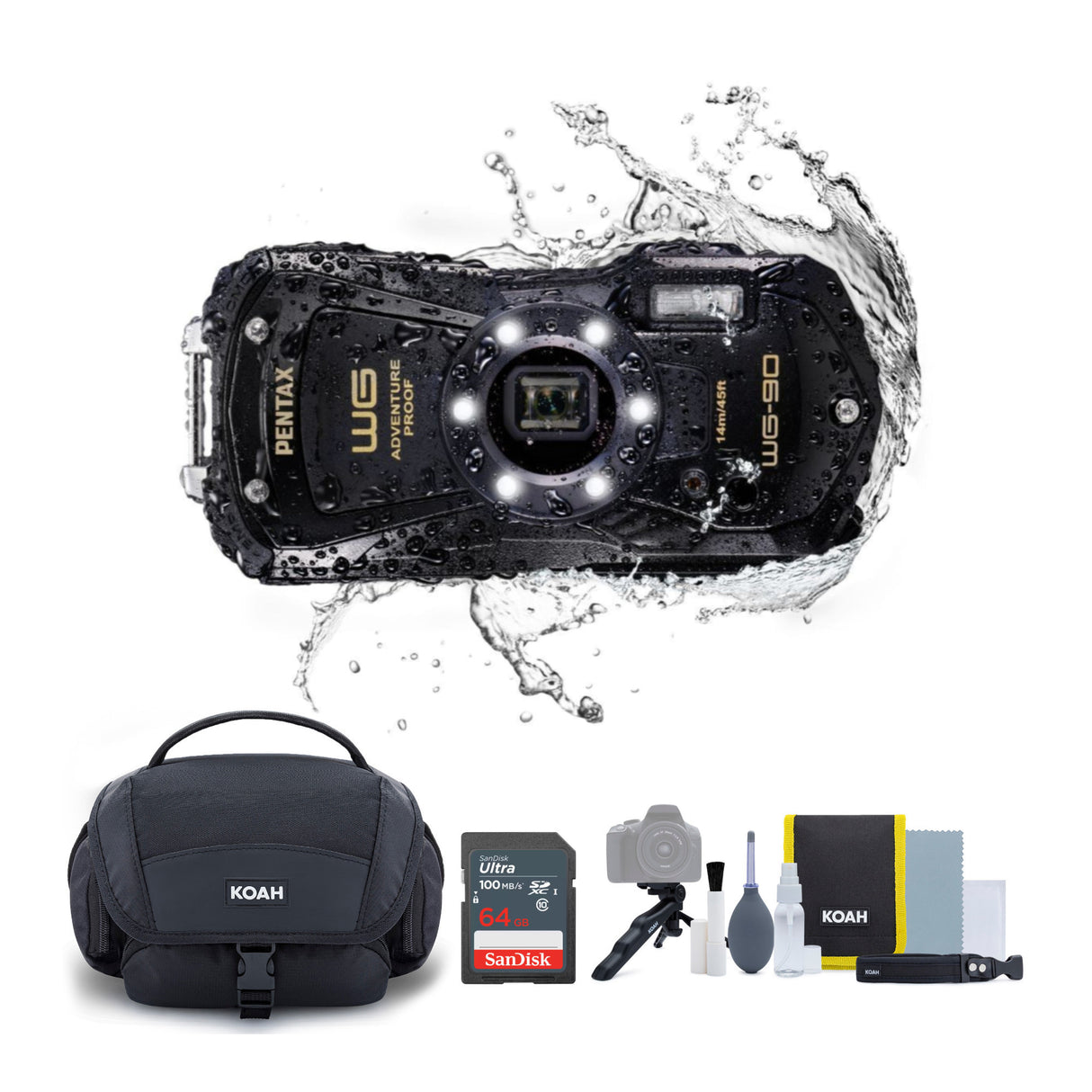 PENTAX WG-90 Compact Camera (Black) with Accessory Cleaning Kit Bag and 64GB Memory Card