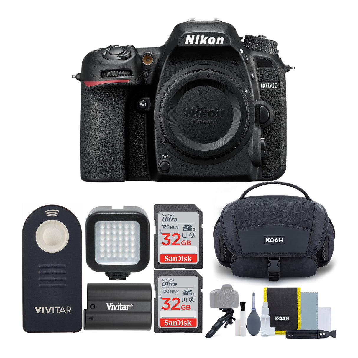 Nikon D7500 DSLR Camera Body with Two 32GB SD Cards and Accessory Bundle