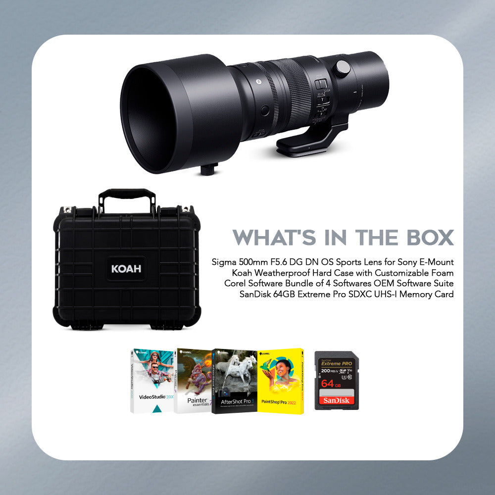 Sigma 500MM f5.6 Dg Dg OS Sports Lens With Corel Software, Sandisk 65GB Memory Card and Hard Case