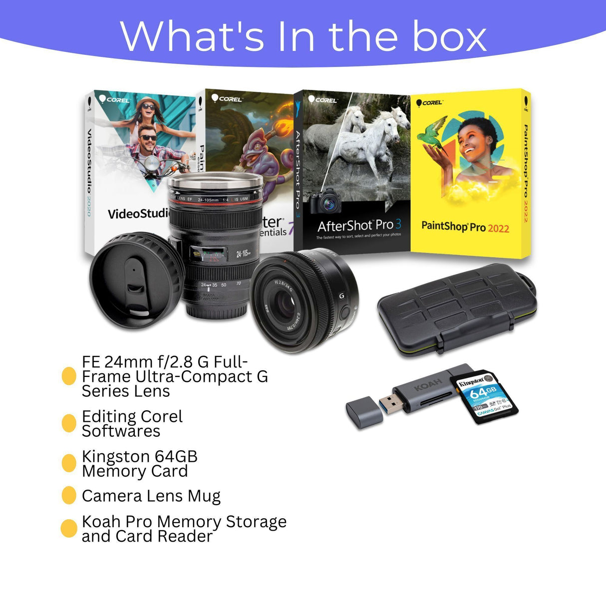 Sony FE 24mm f/2.8 G Full-Frame G Series Lens with Editing Software, 64GB Memory Card Bundle