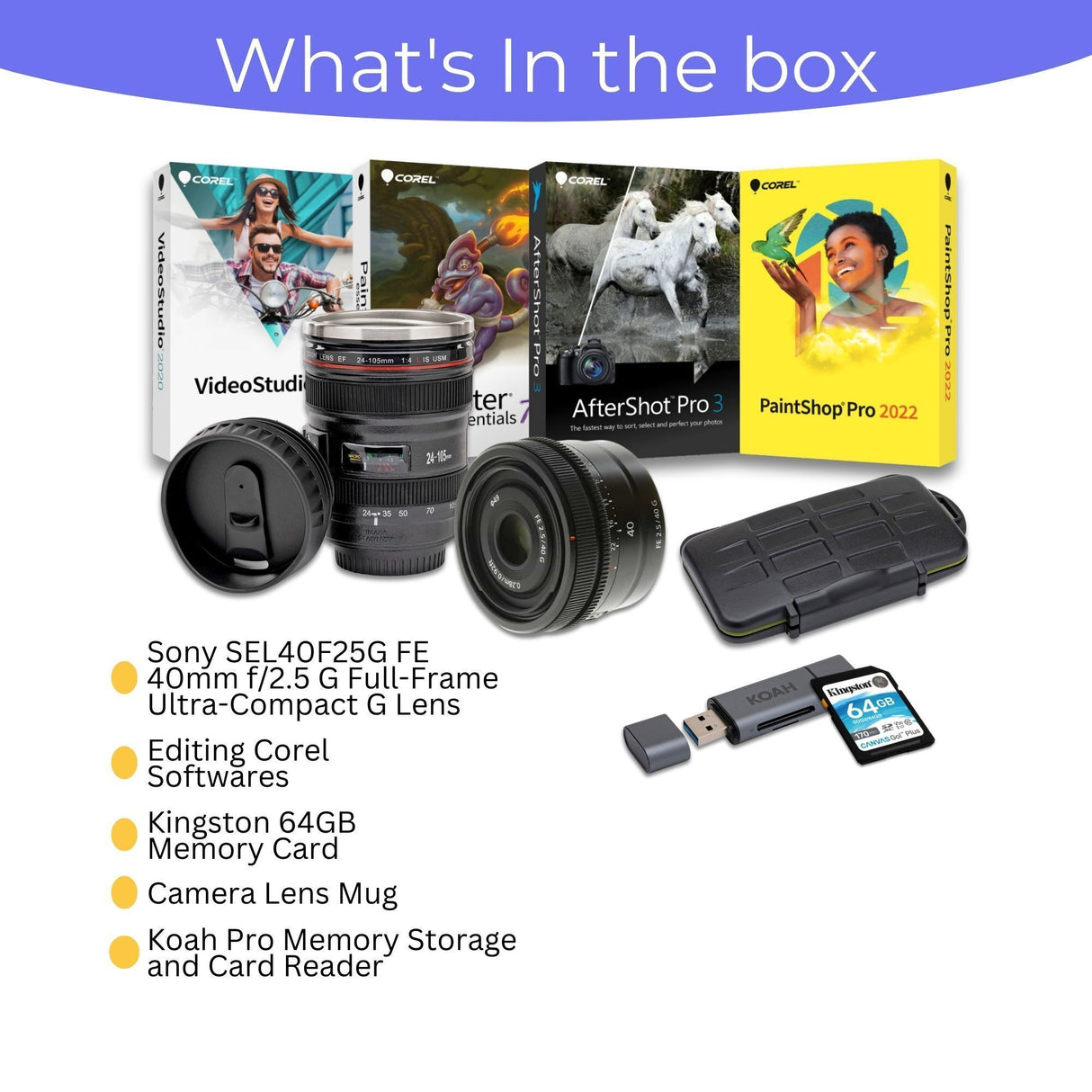 Sony SEL40F25G FE 40mm f/2.5 G Full-Frame G Lens with Editing Software, 64GB Memory Card Bundle