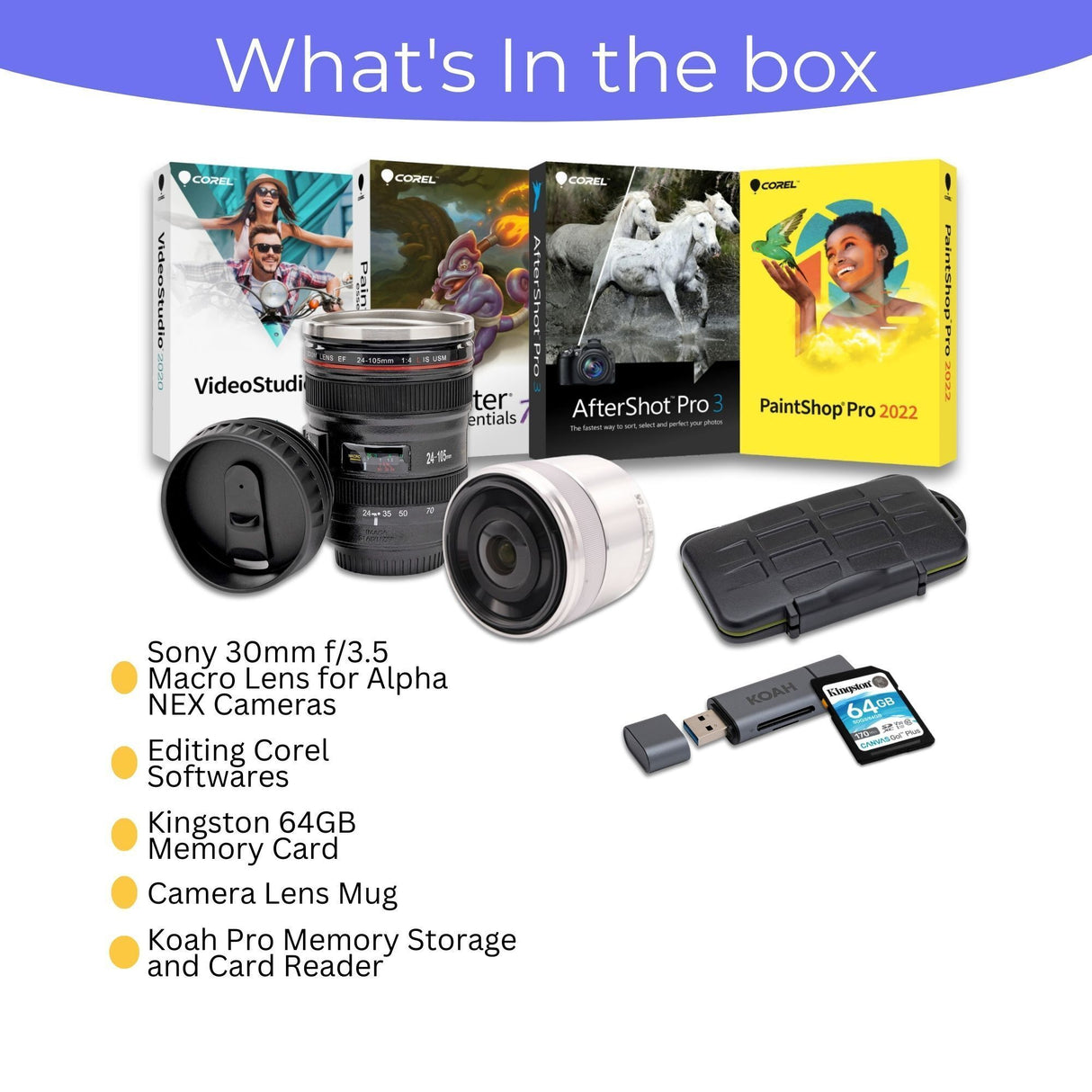 Sony 30mm f/3.5 Macro Lens for Alpha NEX Cameras with Editing Software, 64GB SD Card Bundle