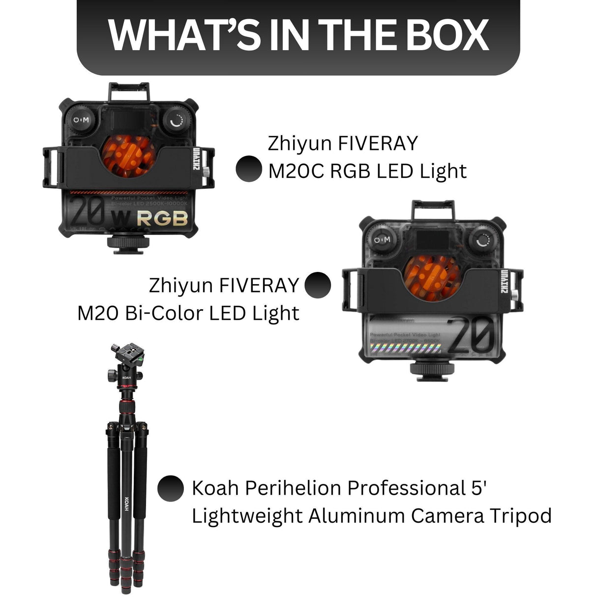 Zhiyun FIVERAY M20C RGB LED Light with Zhiyun FIVERAY M20 Bi-Color LED Light, and Tripod