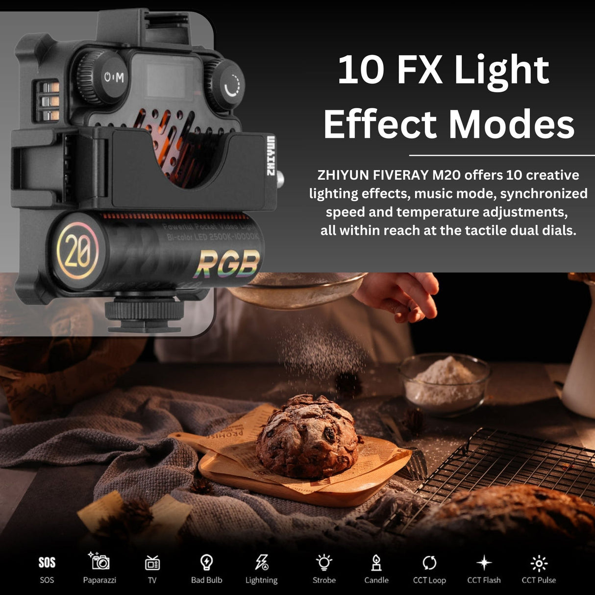 Zhiyun FIVERAY M20C RGB LED Light with Zhiyun FIVERAY M20 Bi-Color LED Light, and Tripod