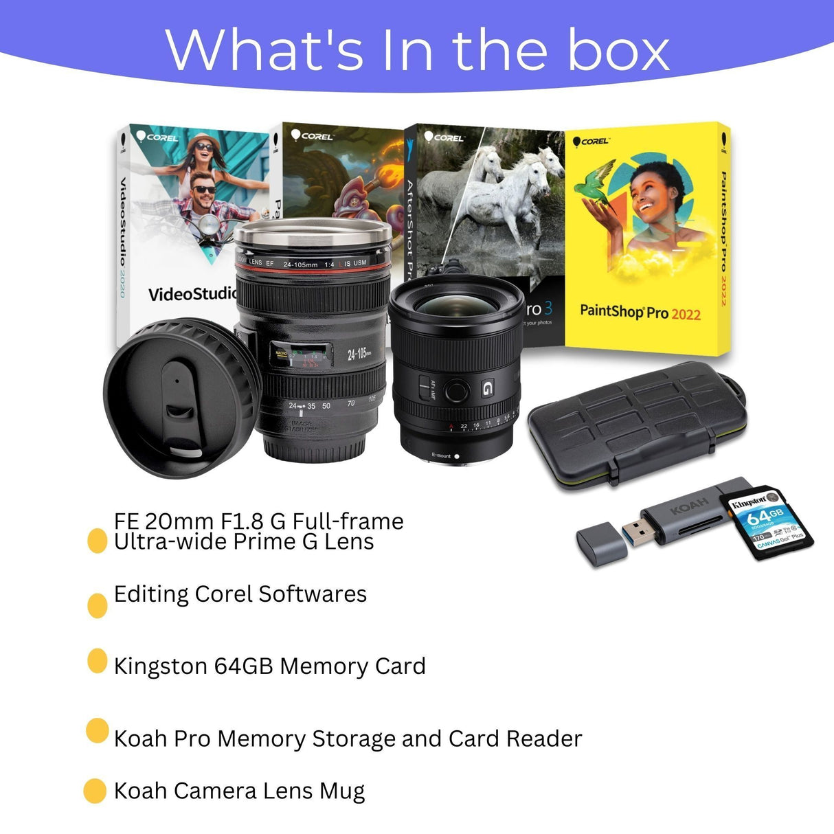 Sony FE 20mm f/1.8 G Ultra-Wide Angle G Lens with Editing Software, 64GB Memory Card Bundle