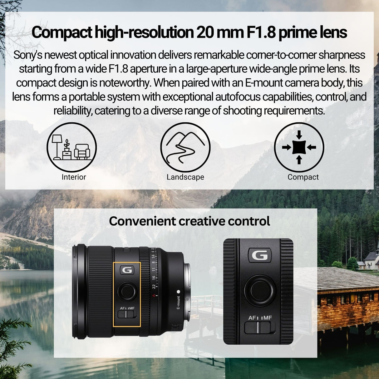 Sony FE 20mm f/1.8 G Ultra-Wide Angle G Lens with Editing Software, 64GB Memory Card Bundle