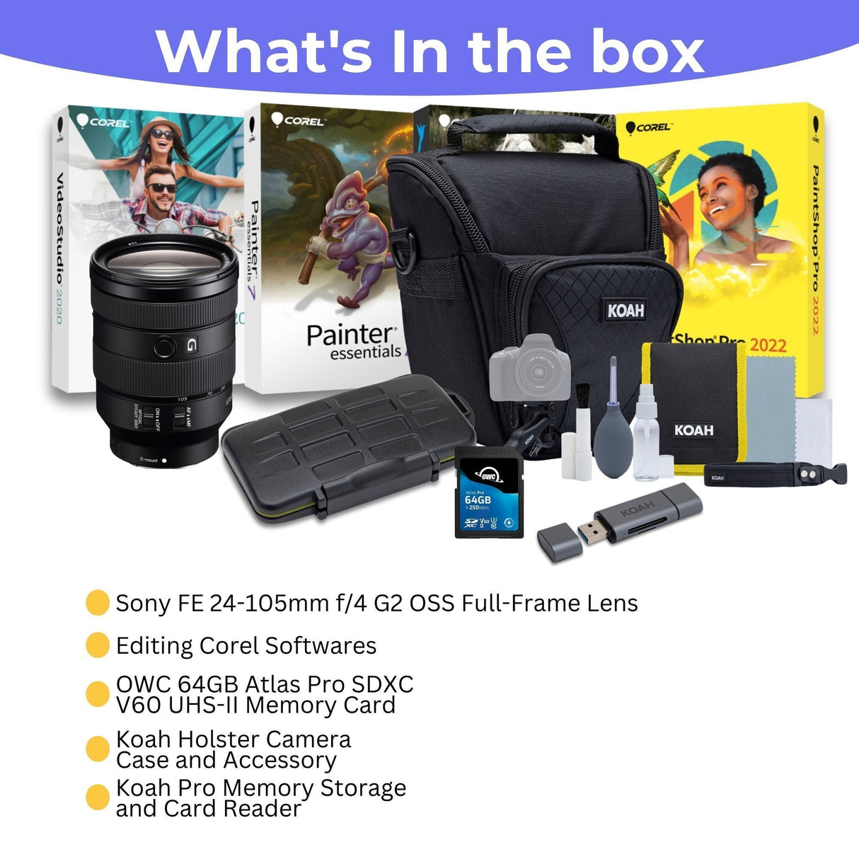 Sony FE 24-105mm f/4 G2 OSS Full-Frame E-Mount Lens with 64GB Memory Card, Editing Software Bundle