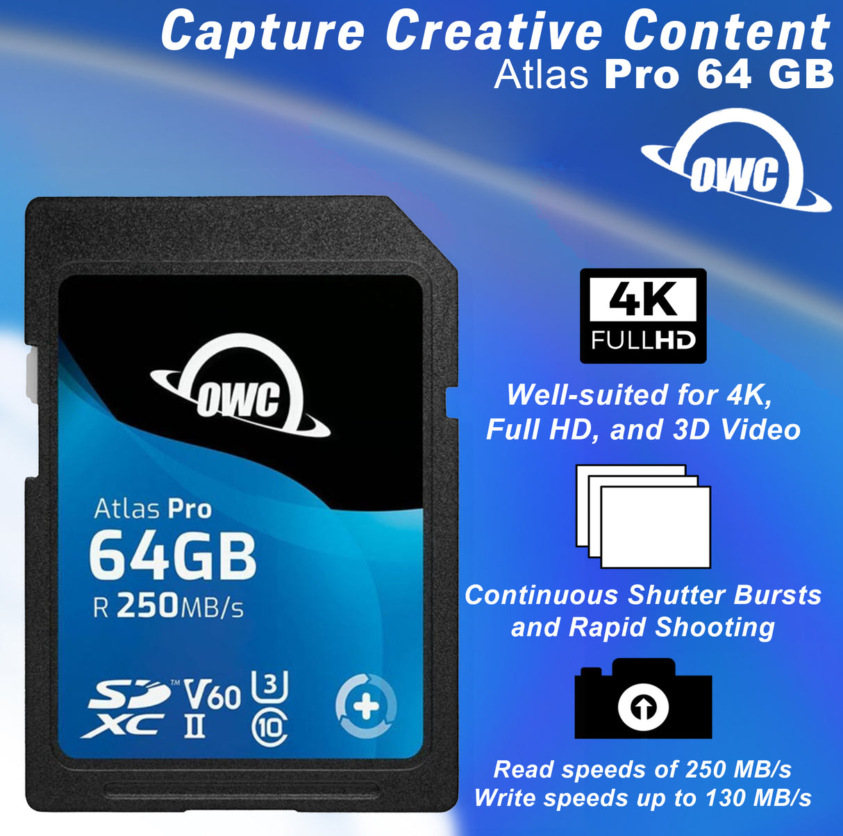 OWC 64GB Atlas Pro SDXC V60 UHS-II Memory Card for Advanced DSLR and Mirrorless Functions
