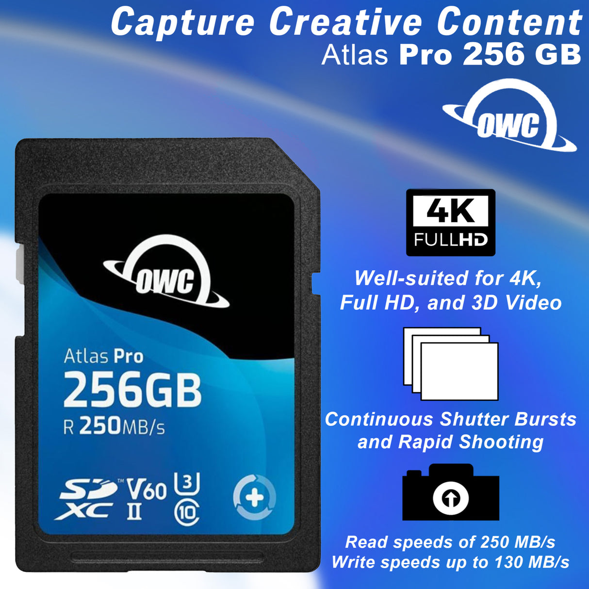 OWC 256GB Atlas Pro SDXC V60 UHS-II Memory Card for Advanced DSLR and Mirrorless Functions