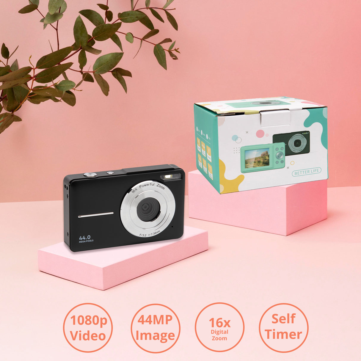 Koah 44MP FHD Point and Shoot Digital Camera with 16X Power Zoom (Black) and 32GB Card Bundle