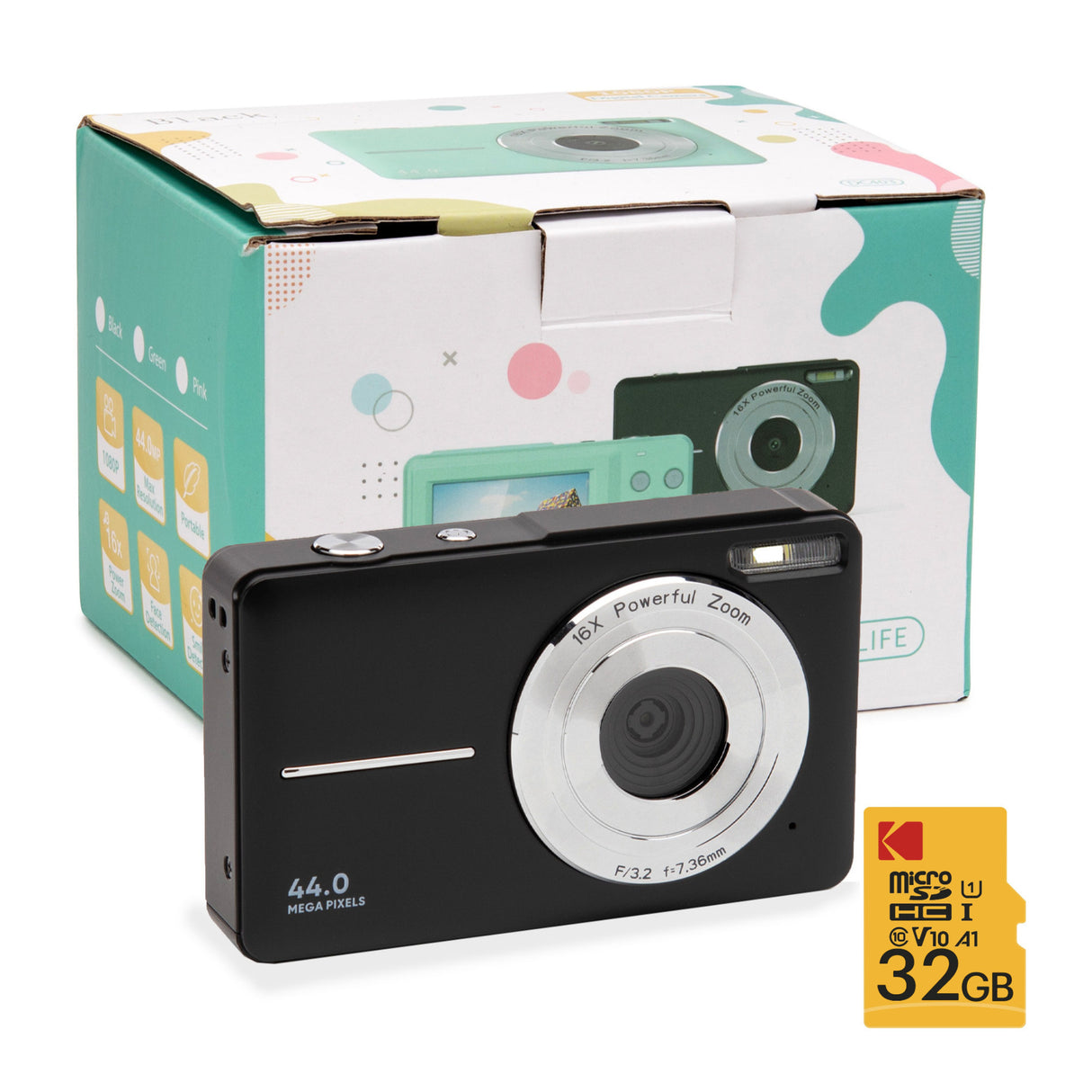 Koah 44MP FHD Point and Shoot Digital Camera with 16X Power Zoom (Black) and 32GB Card Bundle