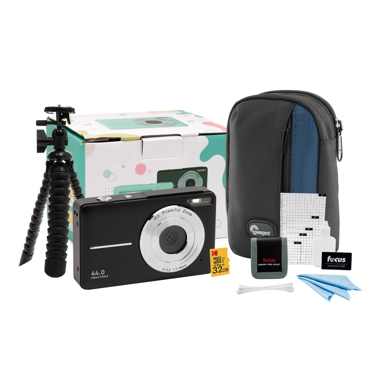 Koah 44MP FHD Point and Shoot Digital Camera with 16X Power Zoom (Black) and 32GB Card Bundle