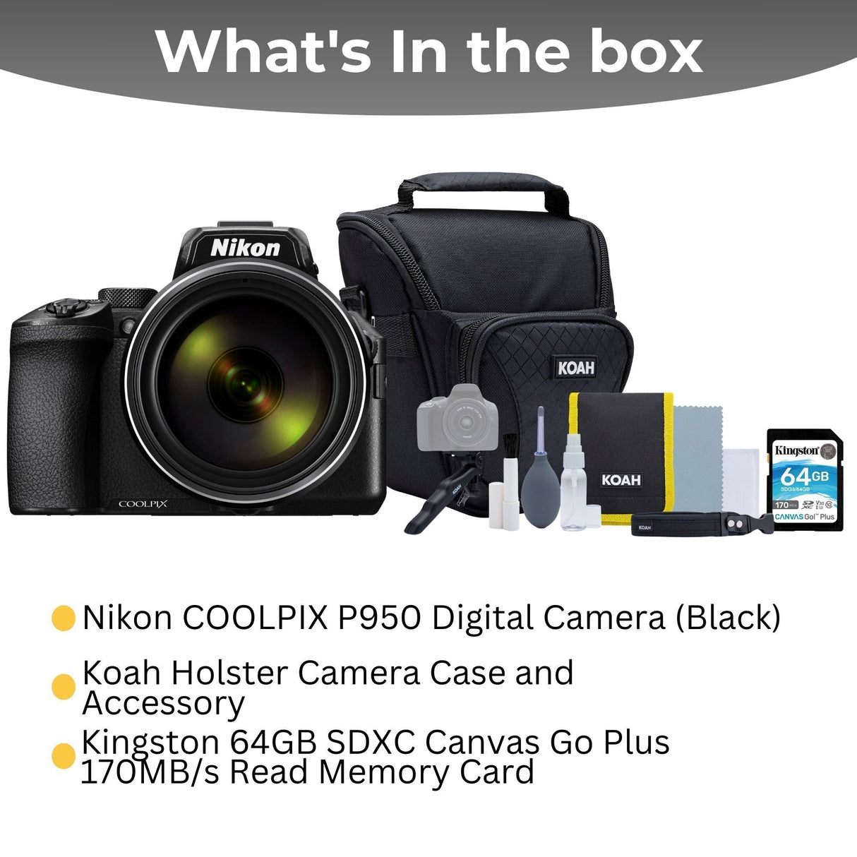 Nikon COOLPIX P950 Digital Camera (Black) Camera Case and Accessory, 64GB Memory Card Bundle