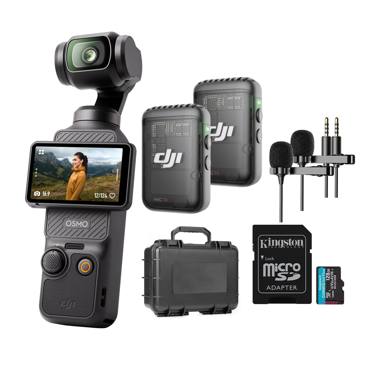DJI Osmo Pocket 3 with Two Mic 2 (1 TX,) Two (2) Lav Mics, 128GB MicroSD Card, and Hard Case