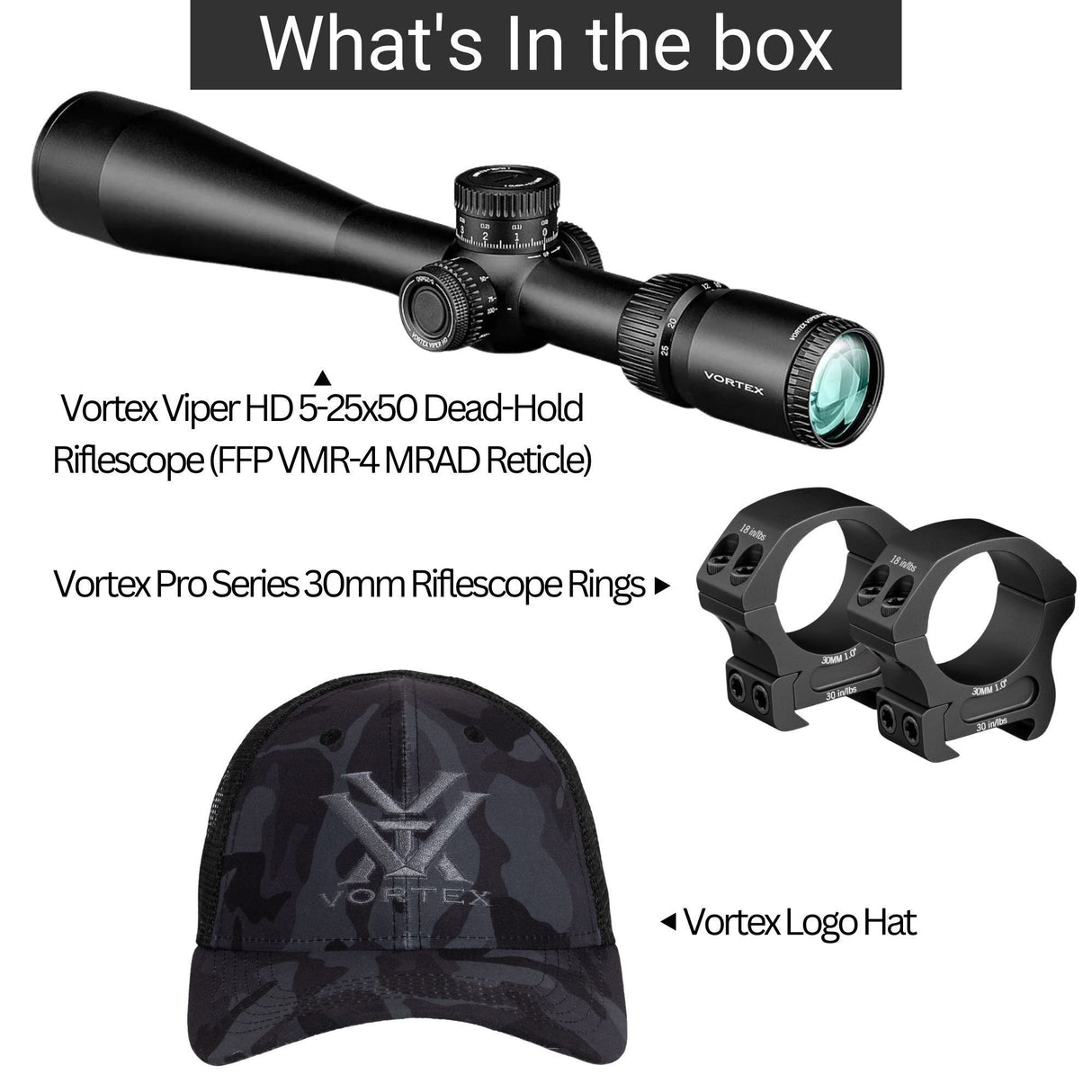 Vortex Viper HD 5-25x50 Dead-Hold Riflescope (FFP VMR-4 MRAD Reticle) with Riflescope Rings Bundle