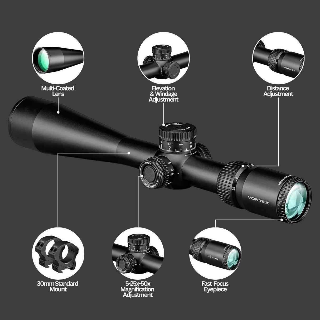 Vortex Viper HD 5-25x50 Dead-Hold Riflescope (VMR-3 MRAD Reticle) with Riflescope Rings Bundle