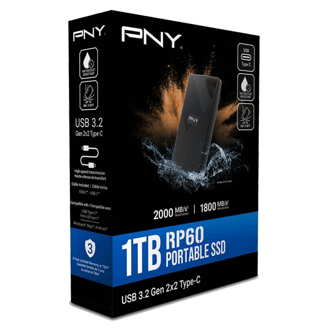 PNY RP60 1TB Rugged Type-C USB 3.2 Gen 2 x 2 Portable SSD with Clip Loop and 2000 MBPS Read Speed