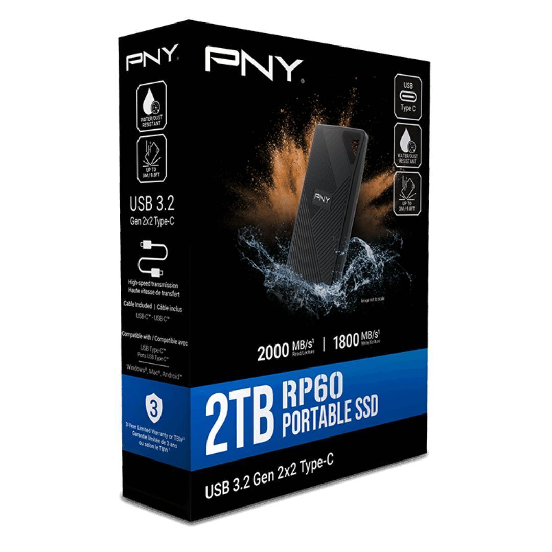PNY RP60 2TB Rugged Type-C USB 3.2 Gen 2 x 2 Portable SSD with Clip Loop and 2000 MBPS Read Speed