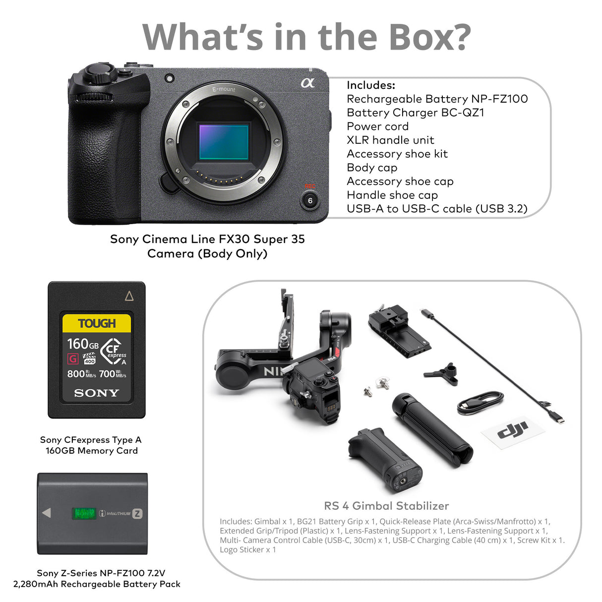 Sony Cinema Line FX30 Super 35 Camera Body with DJI RS 4, CFexpress 160GB Card and NP-FZ100 Battery