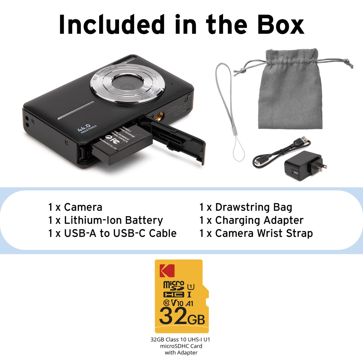 Koah 44MP FHD Point and Shoot Digital Camera with 16X Power Zoom (Black) and 32GB Card Bundle