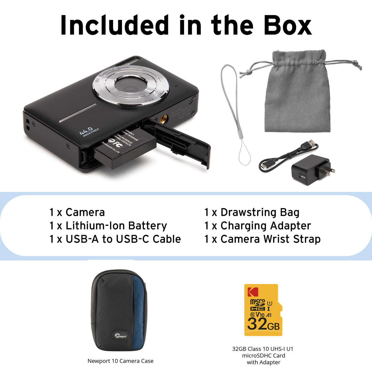 Koah 44MP FHD Point and Shoot Digital Camera with 16X Power Zoom (Black) and 32GB Card Bundle