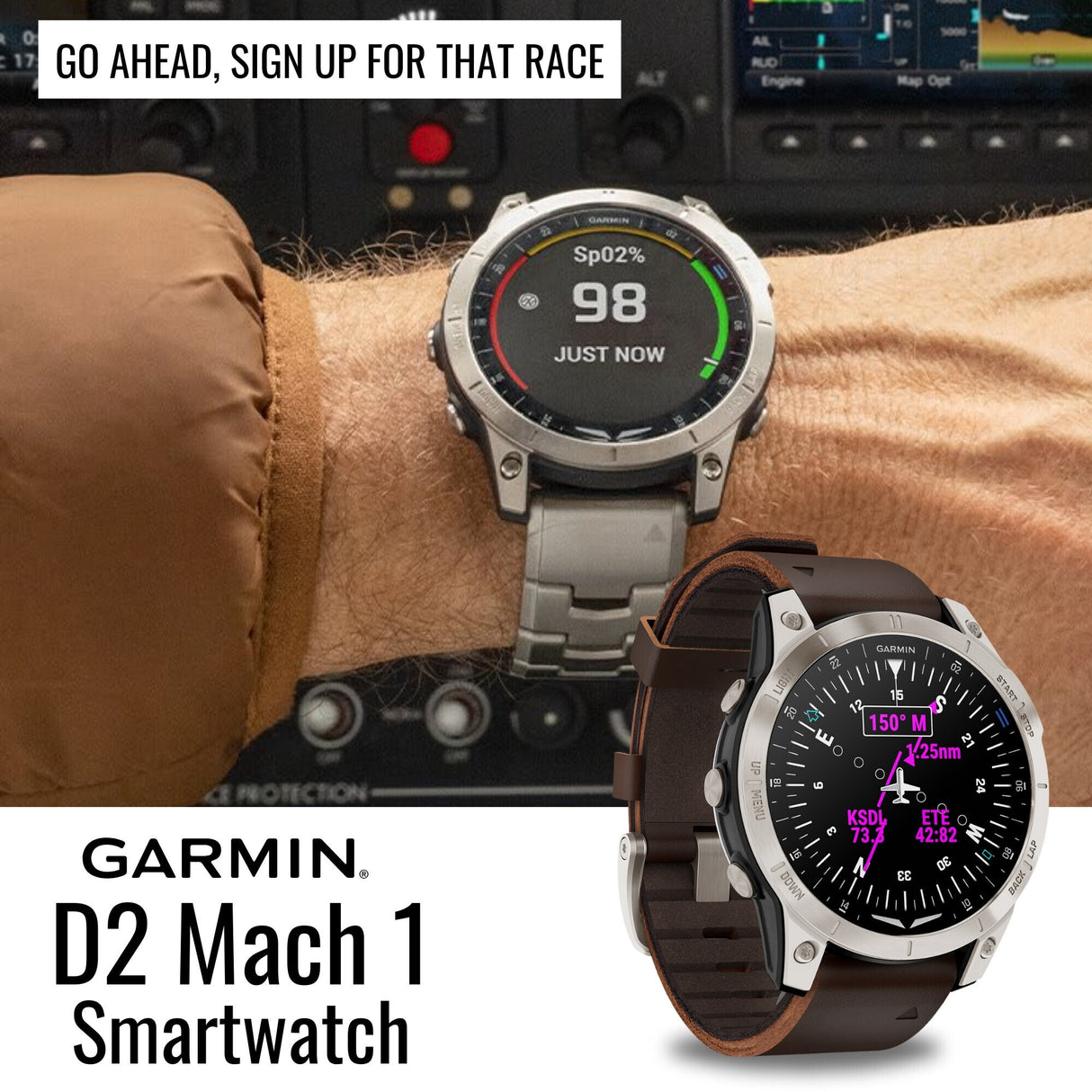 Garmin D2 Mach 1 Aviator Oxford Brown Leather Band Smartwatch with Charger Stand and Cable Bundle