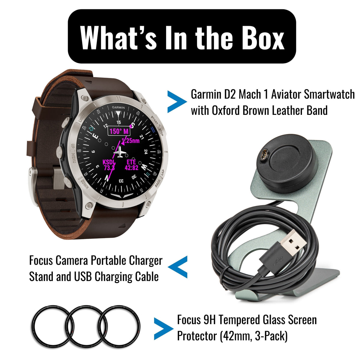 Garmin D2 Mach 1 Aviator Oxford Brown Leather Band Smartwatch with Charger Stand and Cable Bundle