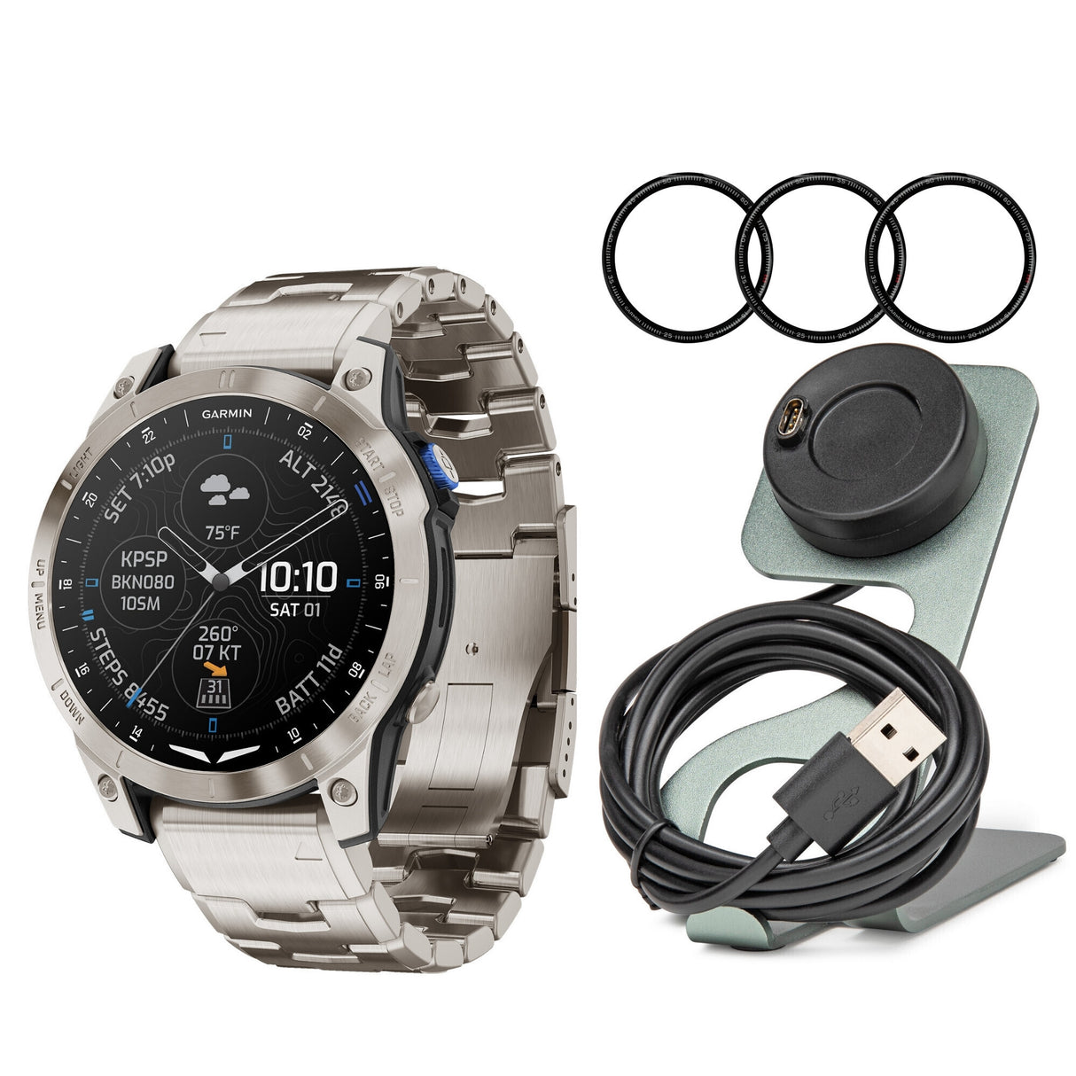 Garmin D2 Mach 1 Smartwatch with Vented Titanium Bracelet with Charger Stand and USB Cable Bundle
