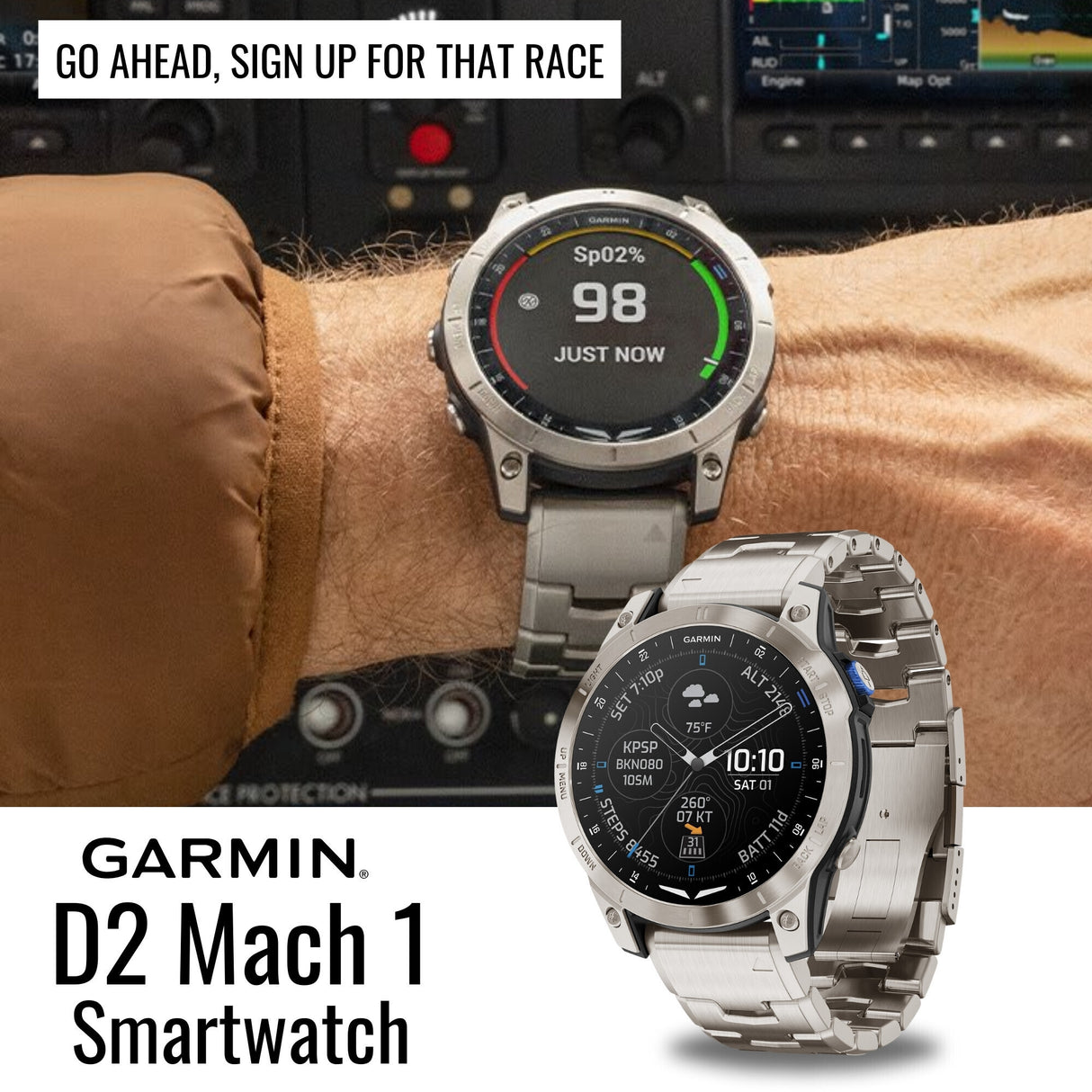 Garmin D2 Mach 1 Smartwatch with Vented Titanium Bracelet with Charger Stand and USB Cable Bundle