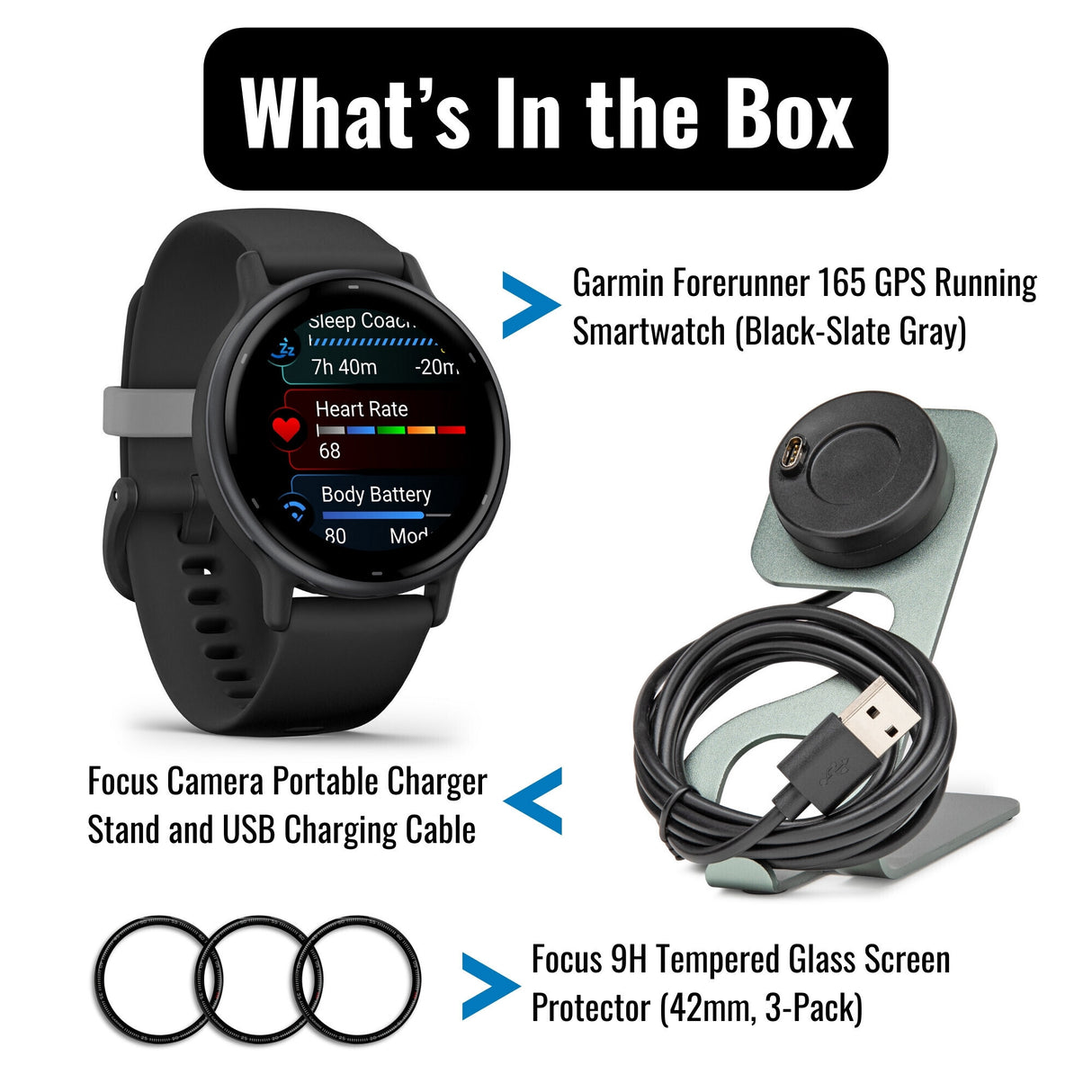 Garmin Forerunner 165 GPS Running Smartwatch (Black and Slate Gray) with Screen Protector Bundle