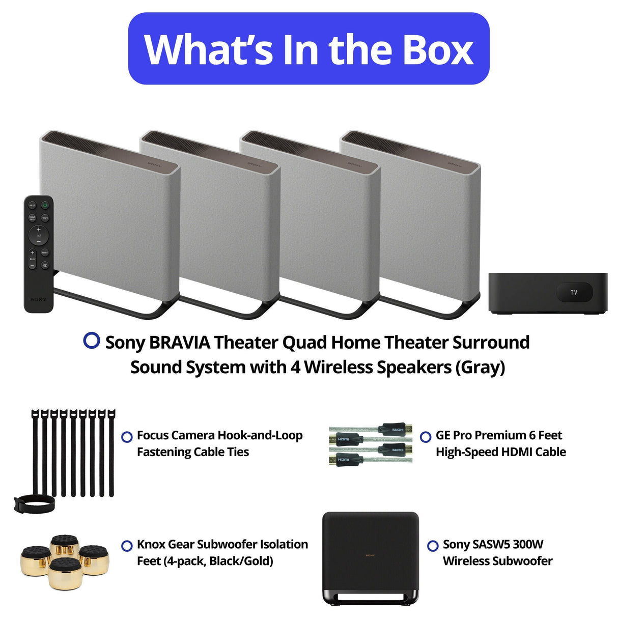 Sony BRAVIA Theater Quad Home Theater Surround Sound System with 4 Wireless Speakers (Gray) Bundle