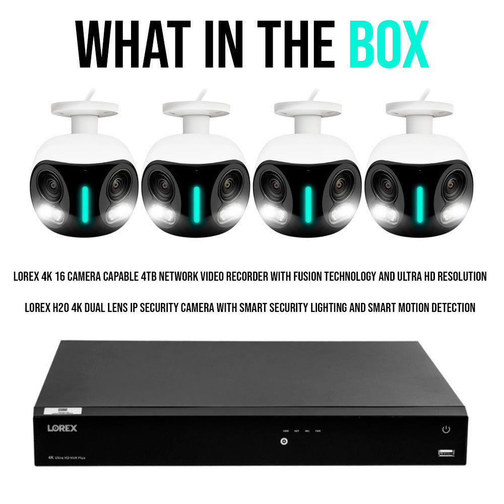 Lorex 4K 16 Camera Capable (Wired or Fusion Wi-Fi) 4TB NVR with Four Lorex 4K Security Camera Bundle