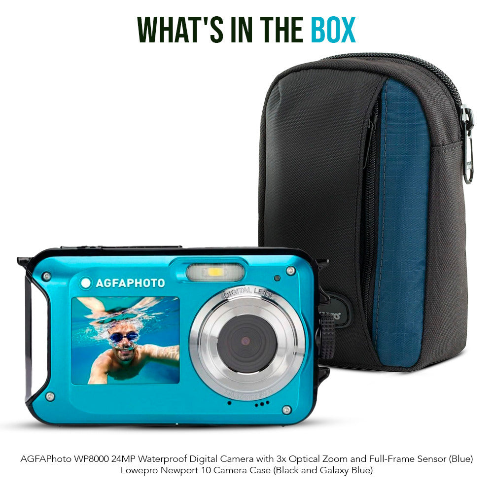 AGFAPhoto WP8000 Waterproof Digital Camera (Black) + Lowepro Newport 10 Camera Case (Black/Galaxy Blue)