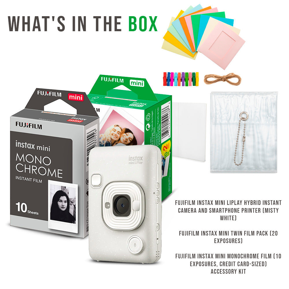 Fujifilm Instax Mini LiPlay Hybrid Instant Camera and Smartphone Printer (Misty White) Bundle
