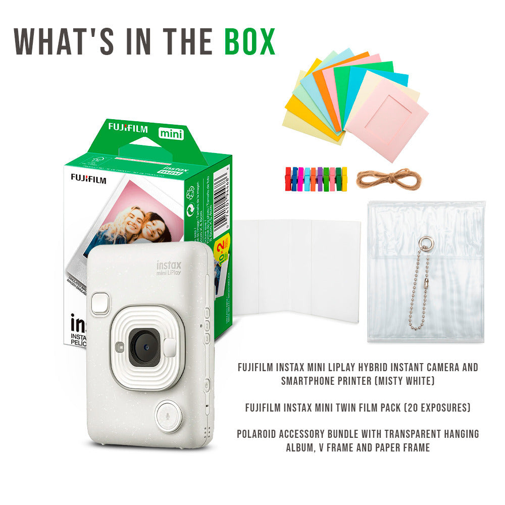 Fujifilm Instax Mini LiPlay Hybrid Instant Camera and Smartphone Printer (Misty White) Bundle