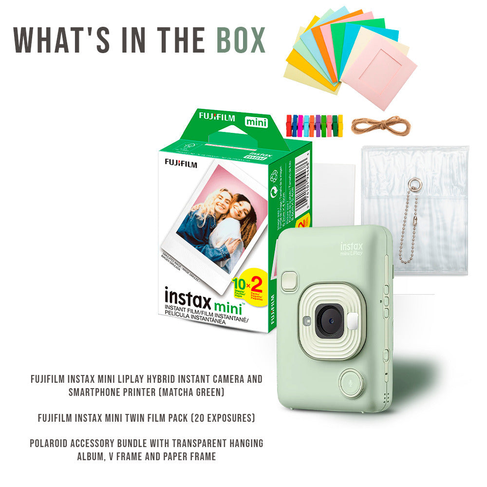 Fujifilm Instax Mini LiPlay Hybrid Instant Camera and Smartphone Printer (Matcha Green) Bundle