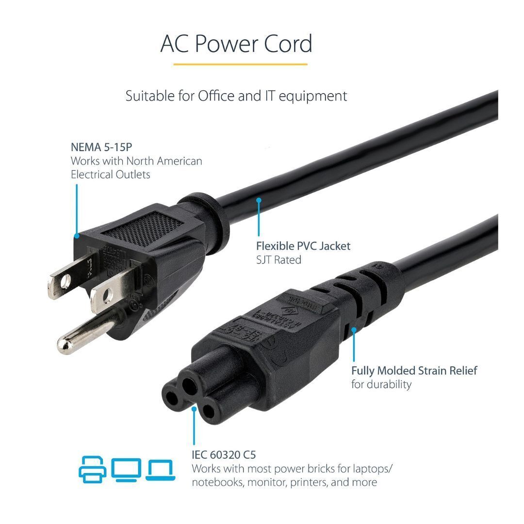 StarTech 3 Feet Laptop Power Cord, NEMA 5-15P to C5, 10A 125V, 18AWG, Laptop Charger Cord