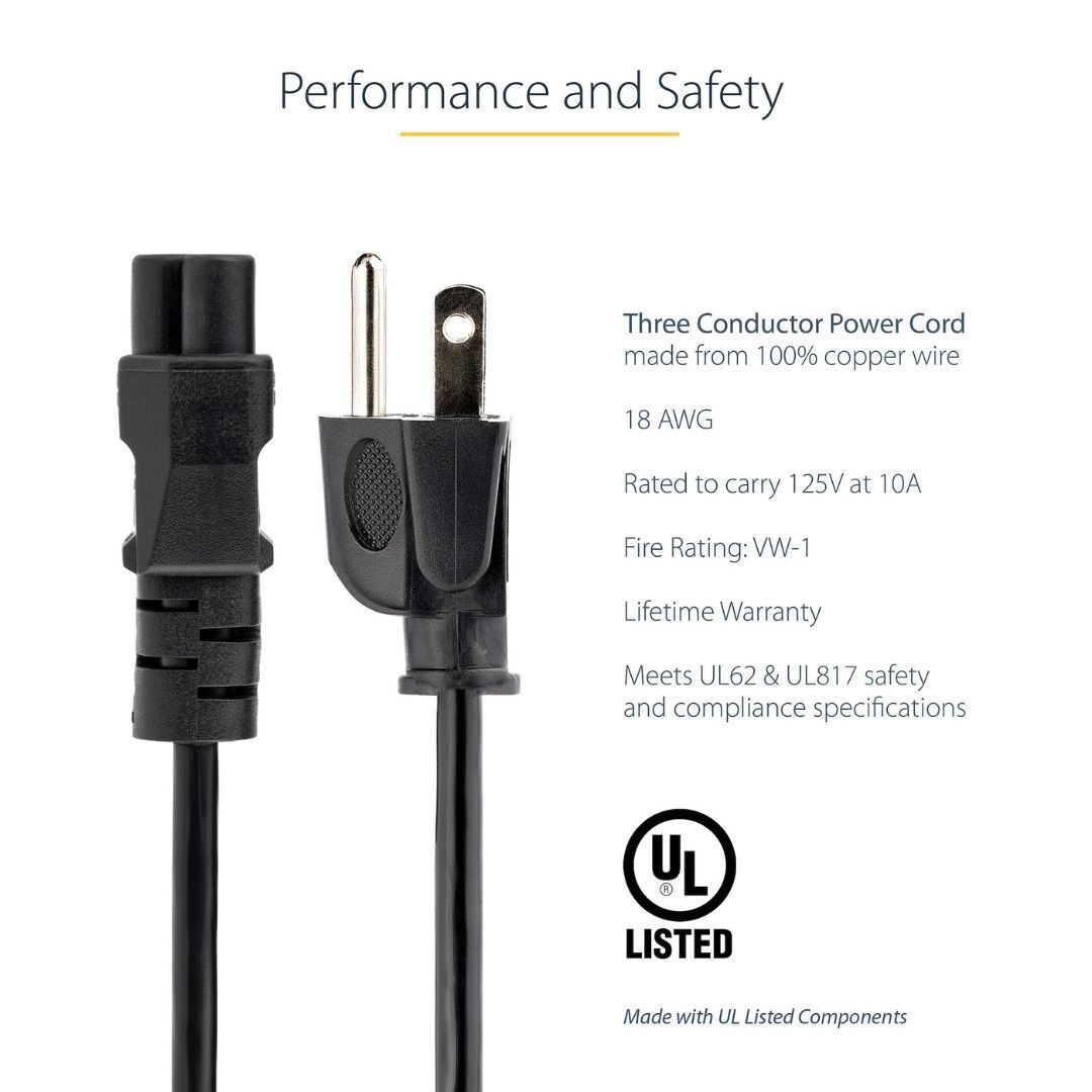 StarTech 3 Feet Laptop Power Cord, NEMA 5-15P to C5, 10A 125V, 18AWG, Laptop Charger Cord